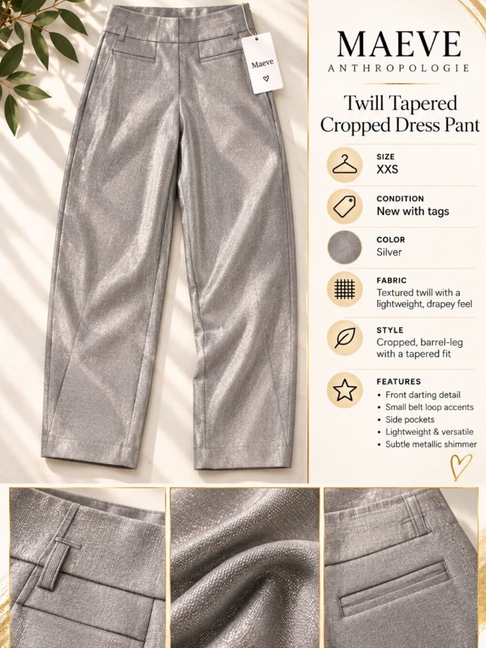 Womens Maeve Anthropologie High Rise Waist Trousers Pants XXS NWT Silver Shimmer